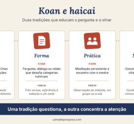 Infográfico comparando koan e haicai em quatro blocos: origem, forma, prática e uso na saúde