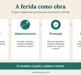 Infográfico com quatro condições da cicatrização como obra: terreno, abastecimento, proteção e canteiro