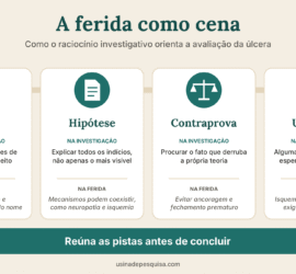 Infográfico comparando investigação e avaliação da úlcera em quatro blocos: pistas, hipótese, contraprova e urgência