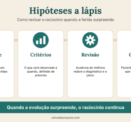Infográfico com quatro passos para revisar o raciocínio diante da ferida: hipótese, critérios, revisão e conversa